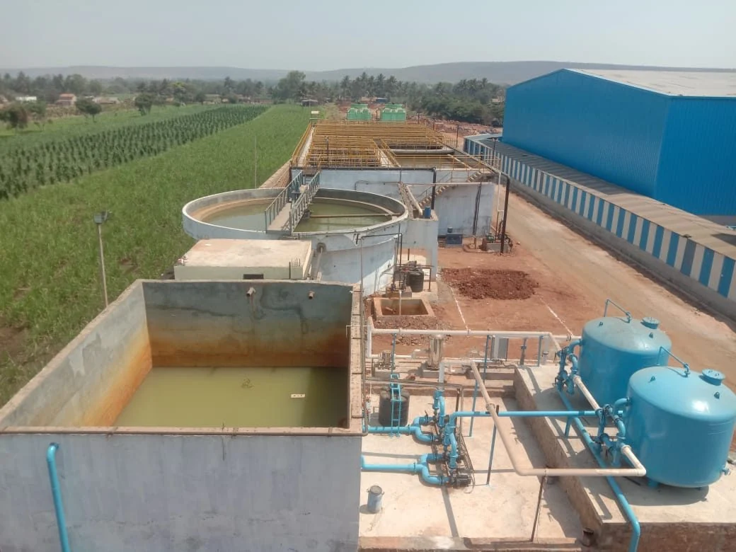 Clarifier, treatment tanks and pressure filters of the sugar ETP at Belgaum Sugars