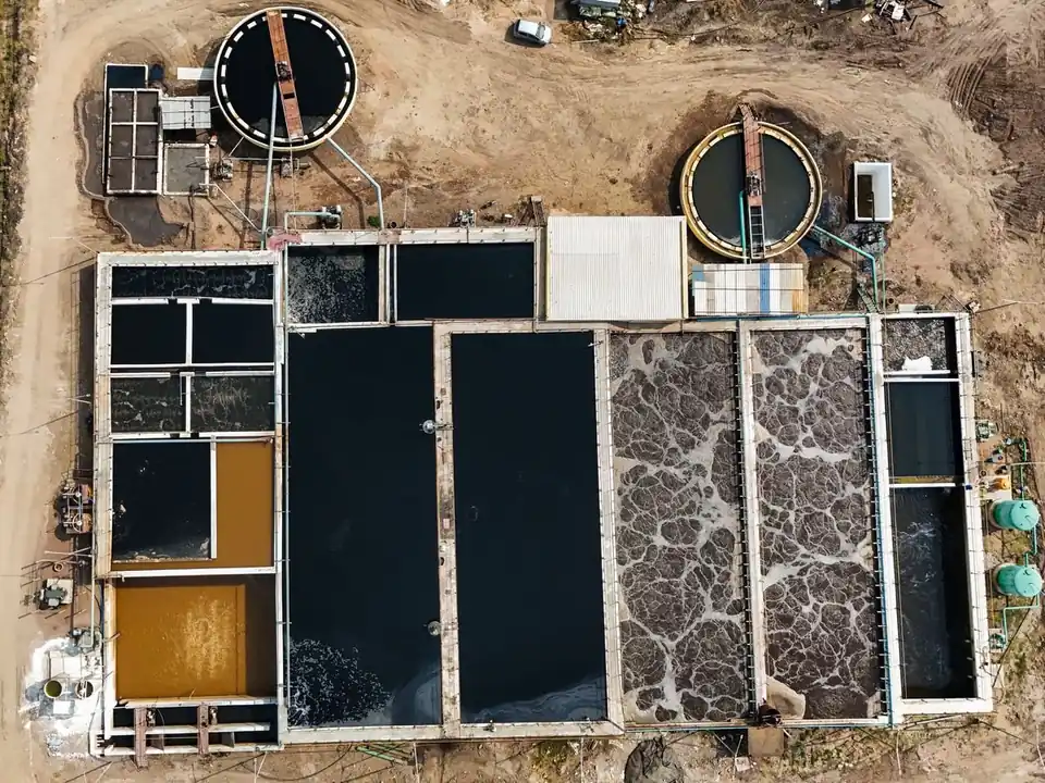 Aerial view of biological tanks, clarifiers and sludge handling units at a treatment plant