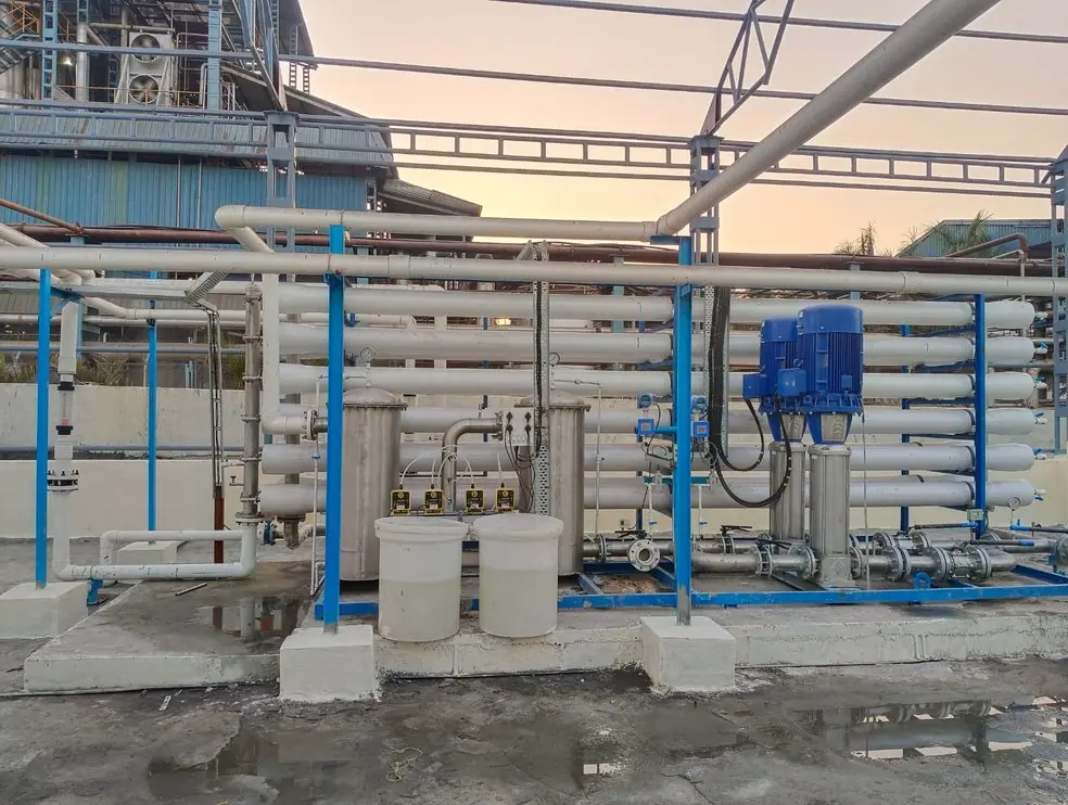 Outdoor RO plant by SBS Water with membrane pressure tubes, cartridge filters, dosing pumps and vertical high-pressure pumps